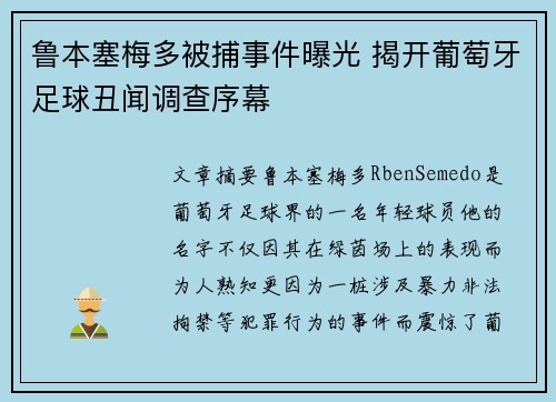 鲁本塞梅多被捕事件曝光 揭开葡萄牙足球丑闻调查序幕 鲁本塞梅多被捕事件曝光 揭开葡萄牙足球丑闻调查序幕
